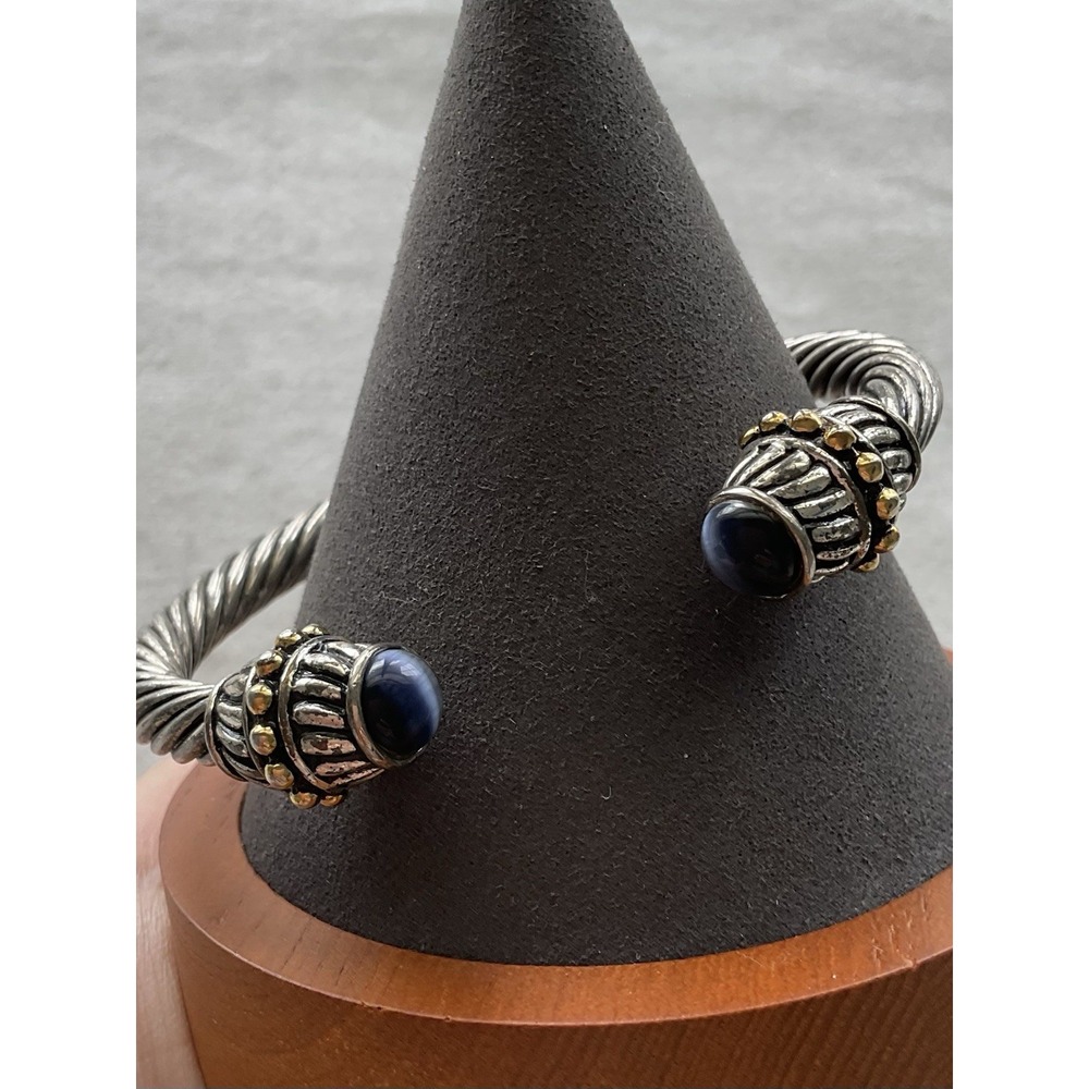 Textured two-tone twisted cable cuff bracelet Blue Cabochon Estate Jewelry
